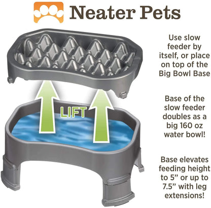 Raised Neater Slow Feeder - Elevated & Adjustable Feeding Height - Improves Digestion, Stops Obesity, and Slows down Eating, 6 Cups, Gunmetal