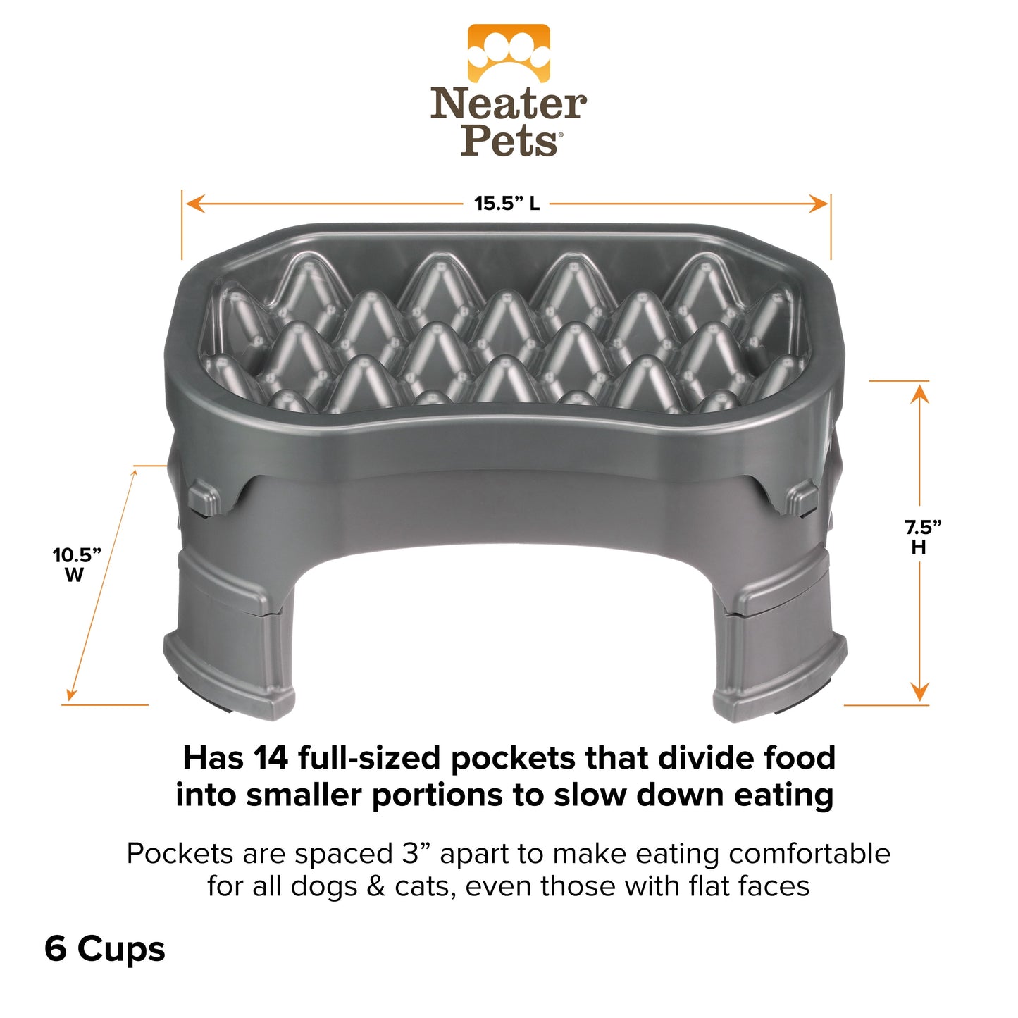 Raised Neater Slow Feeder - Elevated & Adjustable Feeding Height - Improves Digestion, Stops Obesity, and Slows down Eating, 6 Cups, Gunmetal