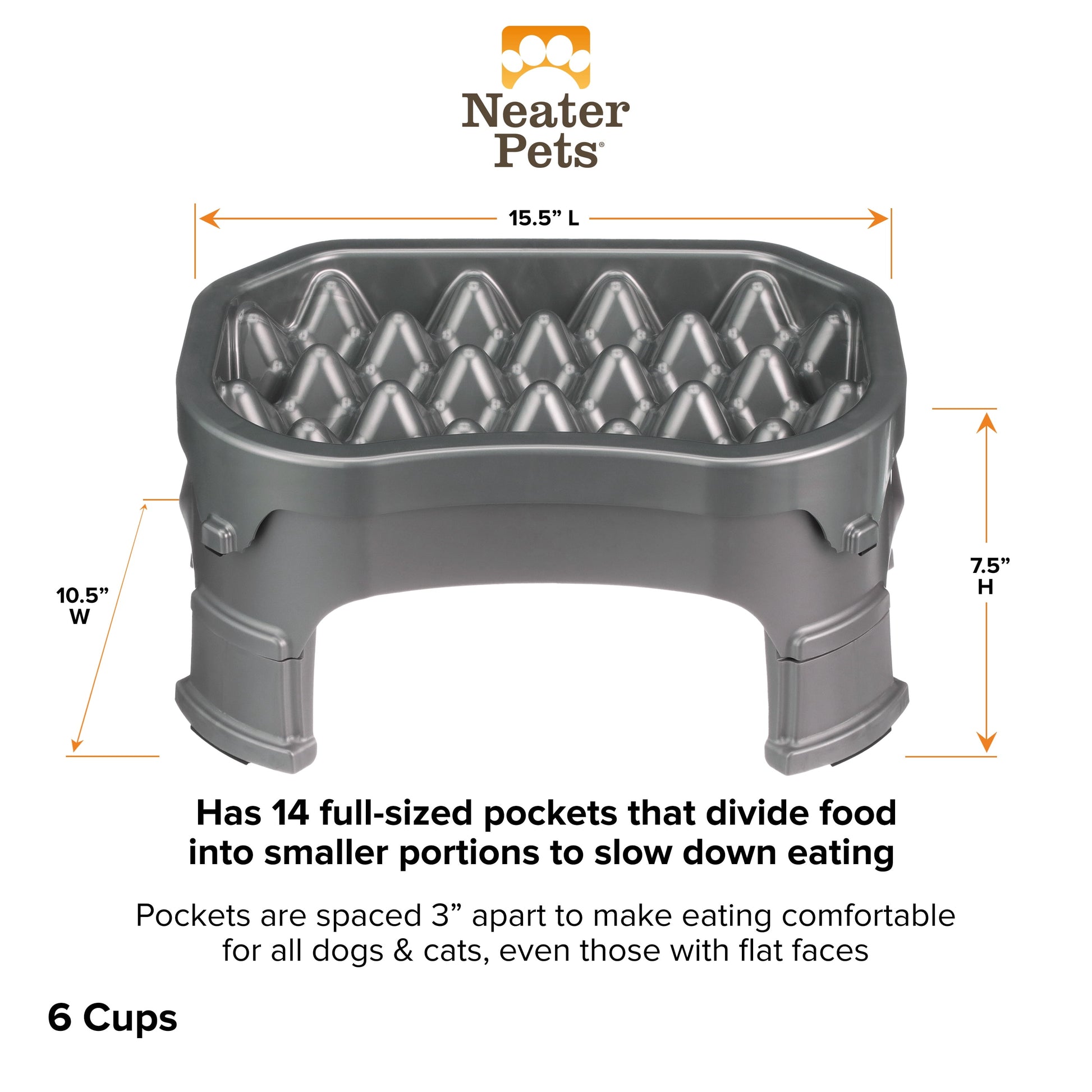Raised Neater Slow Feeder - Elevated & Adjustable Feeding Height - Improves Digestion, Stops Obesity, and Slows down Eating, 6 Cups, Gunmetal