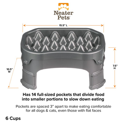 Raised Neater Slow Feeder - Elevated & Adjustable Feeding Height - Improves Digestion, Stops Obesity, and Slows down Eating, 6 Cups, Gunmetal
